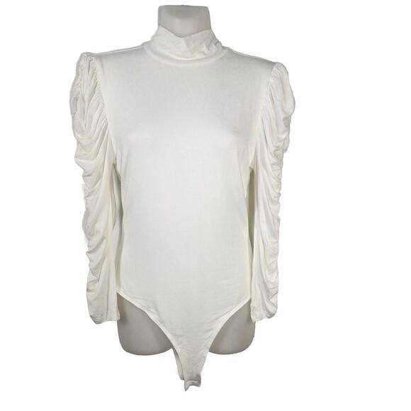 Love Tree Womens Bodysuit Size Medium Ivory Ruched Puff Long Sleeve Mock Neck - Picture 1 of 10